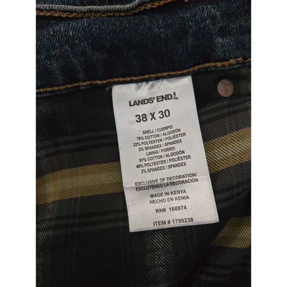 Lands' End Plaid Lined Jeans Men 38x30 Blue Cotton Poly Plaid Made in Kenya - Picture 6 of 7